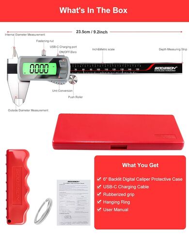 GODESON 6" Digital Caliper, USB-C Rechargeable Electronic Caliper, 0–150mm Stainless Steel, 0.02mm Accuracy, Backlit LCD, TouchButton,Inch/MM/Fraction, Measuring Tool for Woodworking, DIY in Kuwait