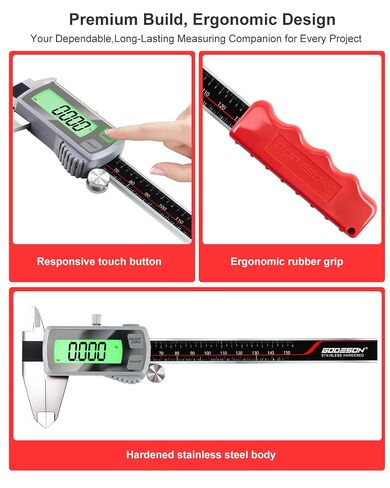 GODESON 6" Digital Caliper, USB-C Rechargeable Electronic Caliper, 0–150mm Stainless Steel, 0.02mm Accuracy, Backlit LCD, TouchButton,Inch/MM/Fraction, Measuring Tool for Woodworking, DIY in Kuwait