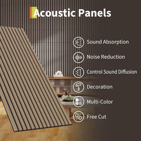 2 PC 3D Fluted Acoustic Wood Wall Panels, Soundproof Decorative Slat Wall Panel, Noise Absorption & Reduction for Modern Interior Decoration, Easy Installation，120 * 60cm in Kuwait