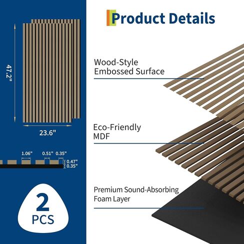 2 PC 3D Fluted Acoustic Wood Wall Panels, Soundproof Decorative Slat Wall Panel, Noise Absorption & Reduction for Modern Interior Decoration, Easy Installation，120 * 60cm in Kuwait