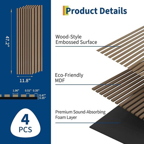 4 PC 3D Fluted Acoustic Wood Wall Panels, Soundproof Decorative Slat Wall Panel, Noise Absorption & Reduction for Modern Interior Decoration, Easy Installation，120 * 30cm in Kuwait