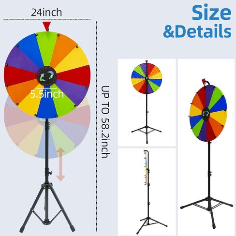 24 Inch Prize Spinning Wheel 12 Slots, DIY Modular Spin Wheel 50"-60" Height Adjustable with Folding Tripod Floor Stand, Spinner with Dry Erase Markers & Eraser for Carnival Trade Show Party in Kuwait