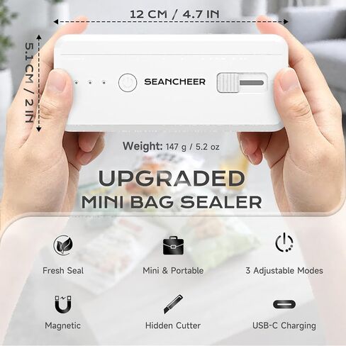 SEANCHEER Rechargeable Mini Bag Sealer, 3 Adjustable Levels Heat Sealer with Cutter & Magnet, Portable Bag Resealer for Chip, Plastic & Mylar Bags - Gift for Women Mom Wife Men Dad Husband Friends. in Kuwait