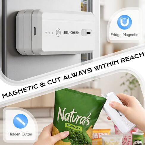 SEANCHEER Rechargeable Mini Bag Sealer, 3 Adjustable Levels Heat Sealer with Cutter & Magnet, Portable Bag Resealer for Chip, Plastic & Mylar Bags - Gift for Women Mom Wife Men Dad Husband Friends. in Kuwait