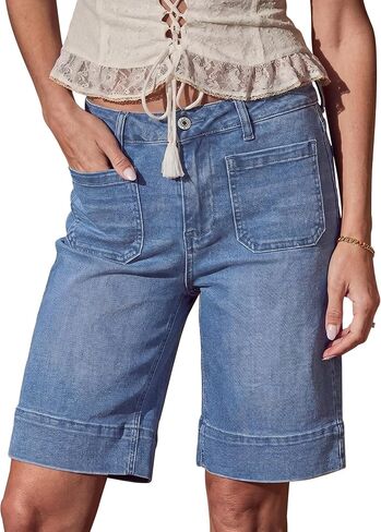 luvamia Bermuda Shorts for Women High Waisted Trendy Patch Pocket Casual Vintage Long Stretchy Denim Shorts Summer Jorts in Saudi Arabia