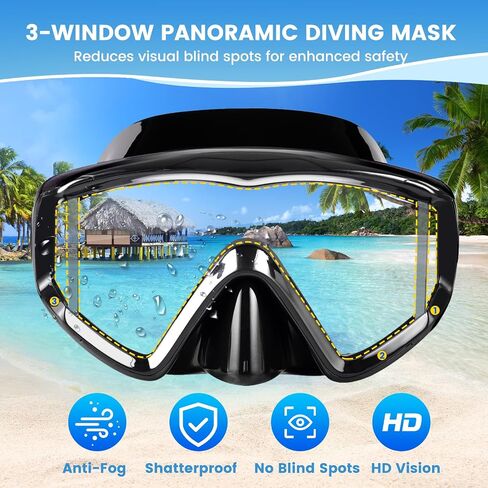 Pano 3-Window Snorkel Mask for Adults, Anti-Fog & Scratch-Resistant PC Lens Scuba Diving Mask, Wide View Swim Goggles with Liquid Silicone Skirt for Freediving, Swimming & Water Sports in Kuwait