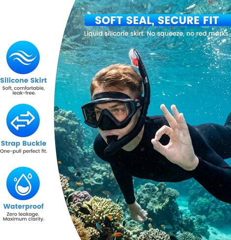 Pano 3-Window Snorkel Mask for Adults, Anti-Fog & Scratch-Resistant PC Lens Scuba Diving Mask, Wide View Swim Goggles with Liquid Silicone Skirt for Freediving, Swimming & Water Sports in Kuwait