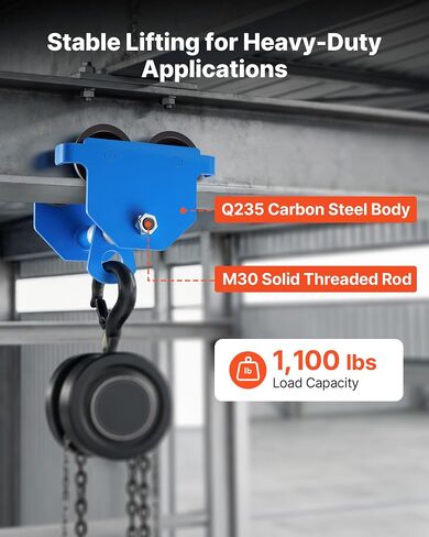 VEVOR Manual Trolley, 1100 lbs/0.5 Ton Capacity, Push Beam Trolley with Dual Wheels, Adjustable for I-Beam Flange Width 2.1" to 5.5", Heavy Duty Carbon Steel Garage Hoist for Straight & Curved I Beam in Kuwait