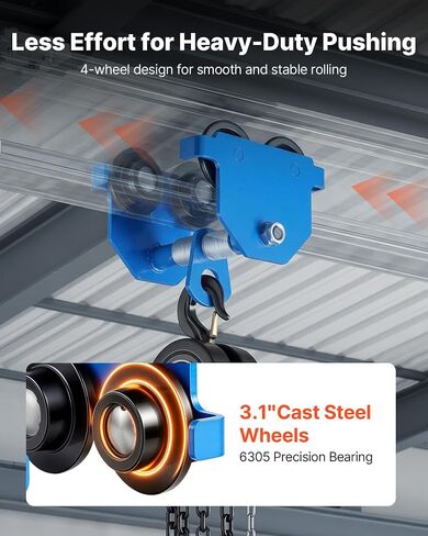 VEVOR Manual Trolley, 1100 lbs/0.5 Ton Capacity, Push Beam Trolley with Dual Wheels, Adjustable for I-Beam Flange Width 2.1" to 5.5", Heavy Duty Carbon Steel Garage Hoist for Straight & Curved I Beam in Kuwait