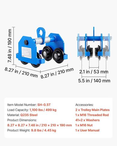 VEVOR Manual Trolley, 1100 lbs/0.5 Ton Capacity, Push Beam Trolley with Dual Wheels, Adjustable for I-Beam Flange Width 2.1" to 5.5", Heavy Duty Carbon Steel Garage Hoist for Straight & Curved I Beam in Kuwait