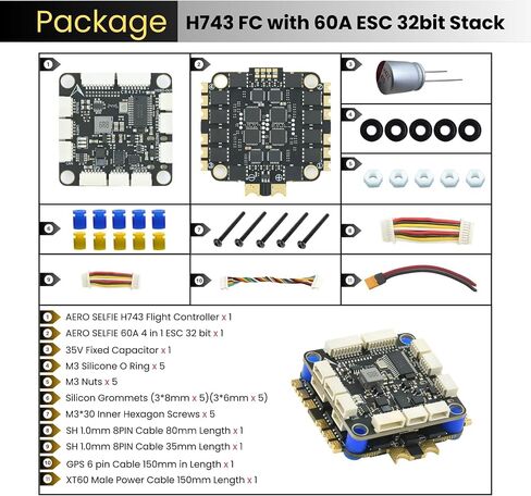 AERO SELFIE H743 Flight Controller with 60A 32 bit ESC 30x30 Stack: Supports 2-6S LiPo, Dual IMU, Compass, Barometer, Compatible with Betaflight, INAV, PX4, Ardupilot for FPV & Racing Drones in Kuwait