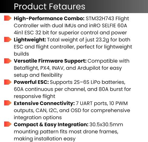 AERO SELFIE H743 Flight Controller with 60A 32 bit ESC 30x30 Stack: Supports 2-6S LiPo, Dual IMU, Compass, Barometer, Compatible with Betaflight, INAV, PX4, Ardupilot for FPV & Racing Drones in Kuwait