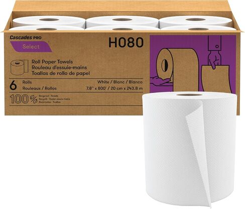 Cascades PRO Select Strong and Absorbent Hand Paper Towels - Suitable for Most Universal Dispensers - Paper Towel Rolls Bulk - 800 Feet/ Roll, 6 Rolls/Pack - H080 - White in Kuwait