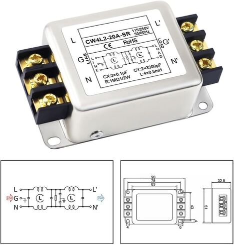مرشح إمداد على مرحلتين أحادي الطور 250 فولت CW4L2، 3A/6A/10A/20A لقمع الضوضاء EMI، معدات غلاف سبيكة مدمجة (20A) in Kuwait