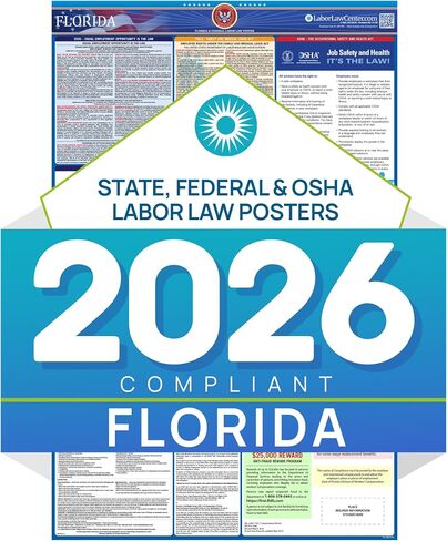 ملصق قانون العمل في فلوريدا 2026 - امتثال التوظيف الفيدرالي والولائي - OSHA، EEOC، FMLA، الحد الأدنى للأجور - ملصق مكان العمل الورقي المتميز - مطوي وغير مصفح - مغلف معبأ - 26 بوصة × 39.5 بوصة in Saudi Arabia