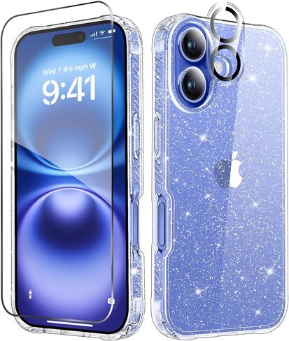MIODIK Compatible with iPhone 14 Case with Screen Protector + Camera Lens Protector, [Non-Yellowing] Clear Glitter Phone Case, Protective Shockproof Women Cover for 6.1 Inch - Sparkle Clear in Kuwait