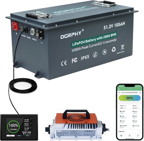 OGRPHY 48V Lithium Golf Cart Battery, with 18A Charger, Touch LCD Monitor, 200A BMS, 1000A(3-5) Peak Current 10 Yrs Lifespan Perfect for Golf Cart, Trolling(51.2V 105AH) in Kuwait