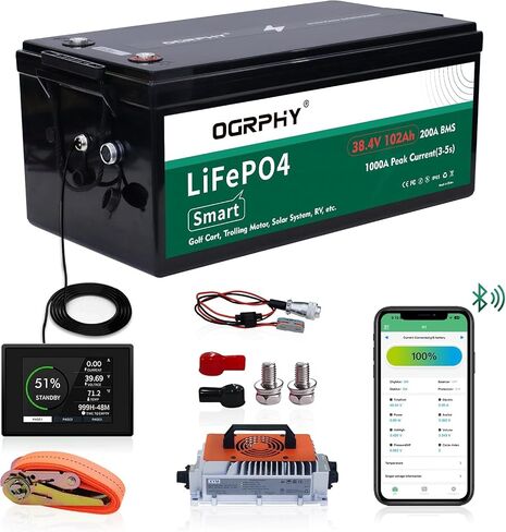 OGRPHY 48V Lithium Golf Cart Battery, with 18A Charger, Touch LCD Monitor, 200A BMS, 1000A(3-5) Peak Current 10 Yrs Lifespan Perfect for Golf Cart, Trolling(51.2V 105AH) in Kuwait