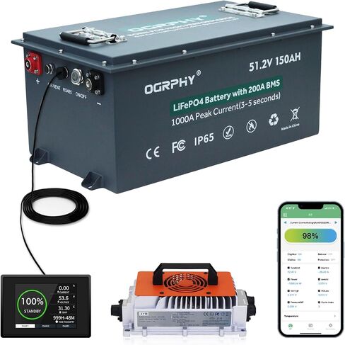 OGRPHY 48V Lithium Golf Cart Battery, with 18A Charger, Touch LCD Monitor, 200A BMS, 1000A(3-5) Peak Current 10 Yrs Lifespan Perfect for Golf Cart, Trolling(51.2V 105AH) in Kuwait