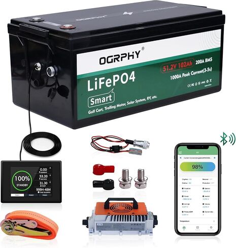OGRPHY 48V Lithium Golf Cart Battery, with 18A Charger, Touch LCD Monitor, 200A BMS, 1000A(3-5) Peak Current 10 Yrs Lifespan Perfect for Golf Cart, Trolling(51.2V 105AH) in Kuwait