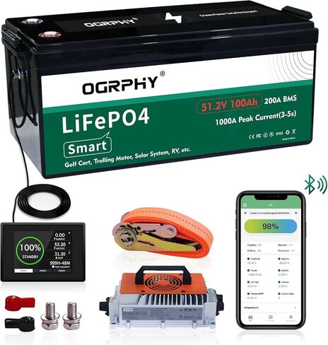 OGRPHY 48V Lithium Golf Cart Battery, with 18A Charger, Touch LCD Monitor, 200A BMS, 1000A(3-5) Peak Current 10 Yrs Lifespan Perfect for Golf Cart, Trolling(51.2V 105AH) in Kuwait