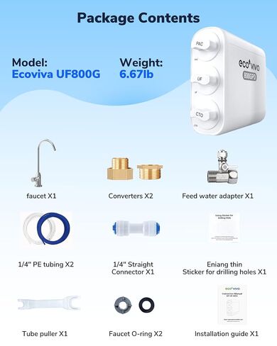 Ecoviva UF800G 0.01μm Ultra-Filtration Under Sink Water Filter Meet NSF 42 / 372 Standards Tankless Ultra Compact Design, No Electricity & Wastewater, Preserve Beneficial Minerals No TDS Reduction in Kuwait