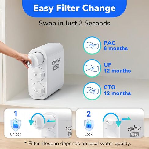 Ecoviva UF800G 0.01μm Ultra-Filtration Under Sink Water Filter Meet NSF 42 / 372 Standards Tankless Ultra Compact Design, No Electricity & Wastewater, Preserve Beneficial Minerals No TDS Reduction in Kuwait