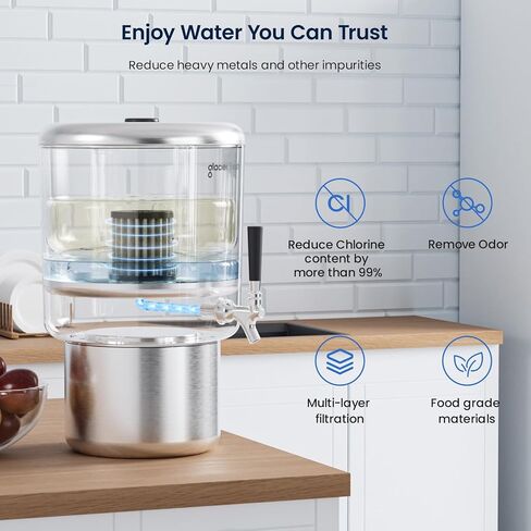 GLACIER FRESH PC04 Gravity-Fed Stainless Steel Countertop Water Filtration System 2.25G, Elarisey™ Filtration Technology, Reduces Heavy Metals, PFOA & PFOS, and Meets SGS Standards in Kuwait