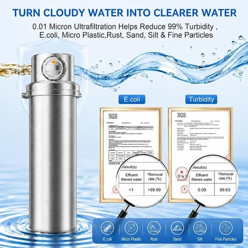 Whole House Water Filter, 13GPM Backwash Filtration System Stainless Steel | 6 Year Backwash Filter, 0.01μm UF Filtration, 304 Stainless Steel, High Flow for Whole House, Ideal for Well/Tap/Lake Water in Kuwait