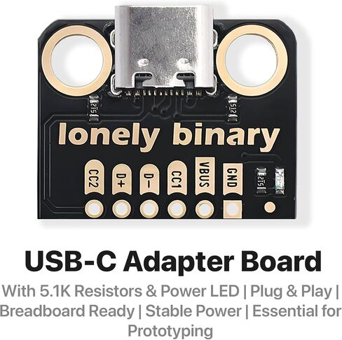 لوحة الاختراق Lonely Binary 12-Pack USB-C بمقاوم 5.1K DIP لـ ESP32 | أنثى USB-C، مزدوج 5.1K CC1/CC2 منسدل؛ الصمام الطاقة؛ مسافة 2.54 ملم؛ CC، D+/D-، VBUS، GND؛ بيكو، STM32؛ بيانات USB 2.0 + الطاقة in Kuwait