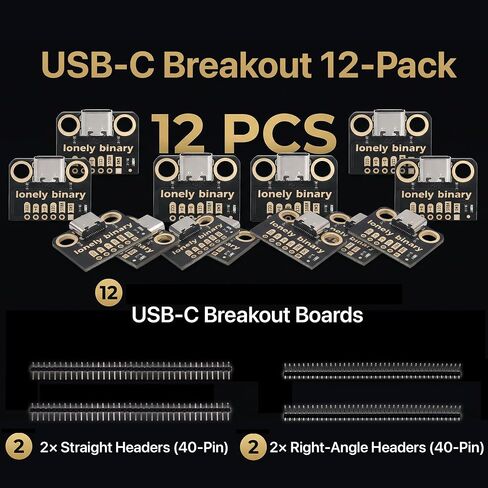 لوحة الاختراق Lonely Binary 12-Pack USB-C بمقاوم 5.1K DIP لـ ESP32 | أنثى USB-C، مزدوج 5.1K CC1/CC2 منسدل؛ الصمام الطاقة؛ مسافة 2.54 ملم؛ CC، D+/D-، VBUS، GND؛ بيكو، STM32؛ بيانات USB 2.0 + الطاقة in Kuwait