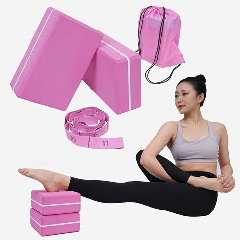 2 Pack Yoga Blocks 350g High Density, Non-Slip EVA Foam Brick with Bonus 11 loops Yoga Strap & Carry Bag, Pilates Block Set for Balance, Flexibility, Meditation, Home Gym & Studio in Kuwait