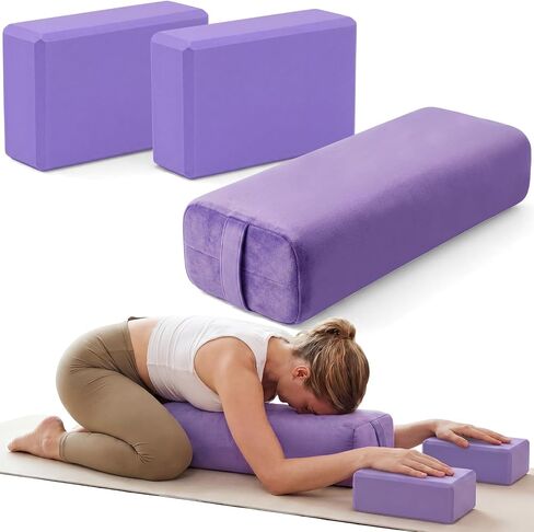 Chalyna 3 Pcs Yoga Bolster Pillow & Yoga Blocks Set Stretching and Back Support Lightweight Foam Blocks Portable Handle Soft Non-slip Surface Reusable for Pilates Meditation Balance Purple in Kuwait