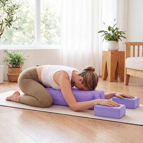 Chalyna 3 Pcs Yoga Bolster Pillow & Yoga Blocks Set Stretching and Back Support Lightweight Foam Blocks Portable Handle Soft Non-slip Surface Reusable for Pilates Meditation Balance Purple in Kuwait
