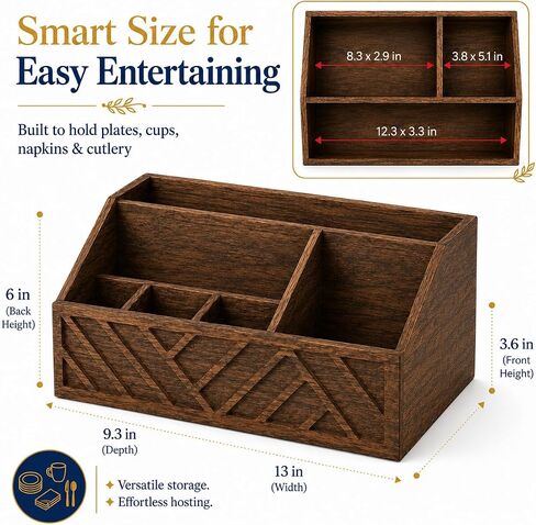 Wooden Utensil Holder 6 Compartments, Paper Plate Holder & Silverware Organizer for Countertop, Rustic Kitchen Utensil, Napkin Holder for Table, Cutlery Organizer for Camping & BBQs in Kuwait