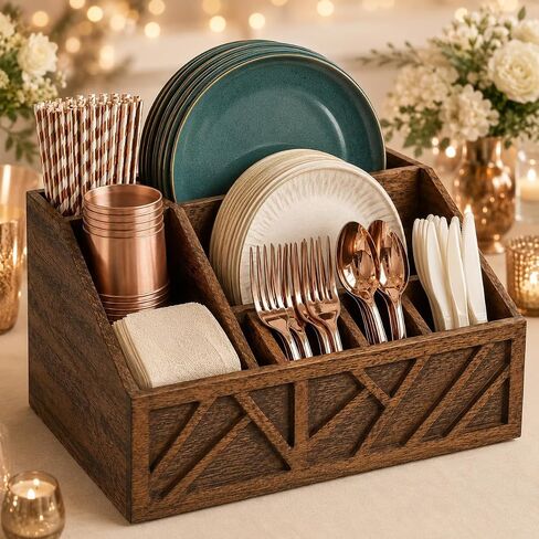 Wooden Utensil Holder 6 Compartments, Paper Plate Holder & Silverware Organizer for Countertop, Rustic Kitchen Utensil, Napkin Holder for Table, Cutlery Organizer for Camping & BBQs in Kuwait