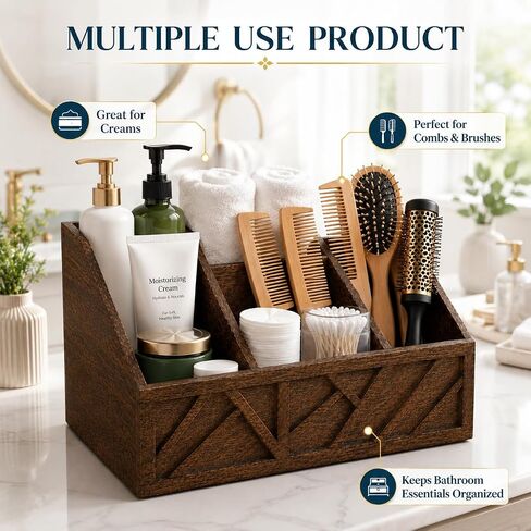 Wooden Utensil Holder 6 Compartments, Paper Plate Holder & Silverware Organizer for Countertop, Rustic Kitchen Utensil, Napkin Holder for Table, Cutlery Organizer for Camping & BBQs in Kuwait