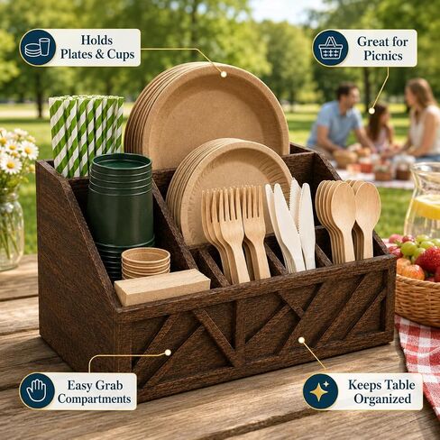 Wooden Utensil Holder 6 Compartments, Paper Plate Holder & Silverware Organizer for Countertop, Rustic Kitchen Utensil, Napkin Holder for Table, Cutlery Organizer for Camping & BBQs in Kuwait