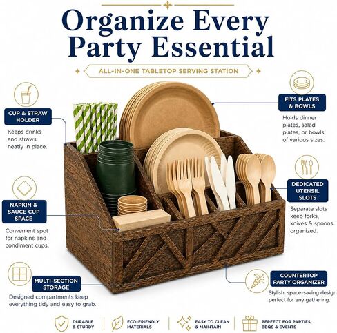 Wooden Utensil Holder 6 Compartments, Paper Plate Holder & Silverware Organizer for Countertop, Rustic Kitchen Utensil, Napkin Holder for Table, Cutlery Organizer for Camping & BBQs in Kuwait