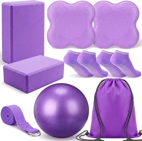 9 Pcs Yoga Set with EVA Foam Yoga Blocks Brick Tpe Cushion Knee Pads Strap Non Slip Socks Sport Ball Drawing Bag, Portable Fitness Equipment for Studio Gym Home Sport in Kuwait