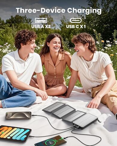 Hiluckey Solar Charger Power Bank 27000mAh - 22.5W شاحن الهاتف المحمول سريع الشحن مع 4 ألواح شمسية - حزمة بطارية خارجية USB C PD مع 3 مخارج USB للهاتف المحمول والكمبيوتر اللوحي in Kuwait