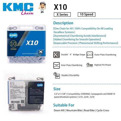 سلسلة دراجات KMC X10 ذات 10 سرعات من سلسلة X | متوافق مع Shimano وSRAM وCampagnolo وجميع الأنظمة الرئيسية | رمادي in Kuwait