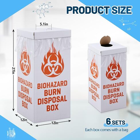 Feifeiya 6 Pack Burn up Biohazard Waste Box, 12 x 12 x 27 Inch Burn-Up Box Floor Model with Liner Bags and Lids, Biohazard Disposal Container for Laboratories, Biomedical Facilities and Testing Labs in Kuwait