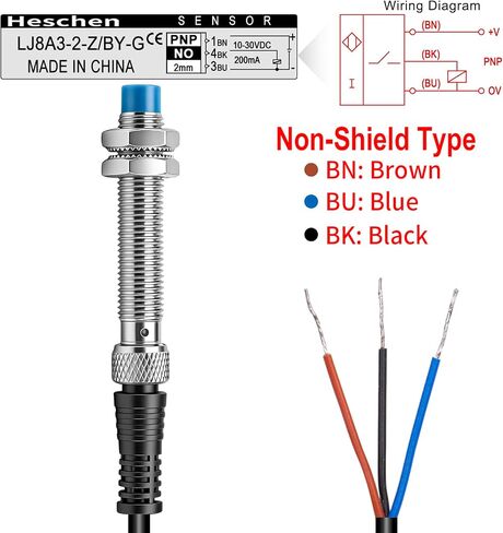 Heschen M8 مفتاح مستشعر القرب الحثي، LJ8A3-2-Z/BY-G، كاشف 2 مم، 10-30VDC 200mA، PNP مفتوح عادة (NO)، 3 أسلاك in Kuwait