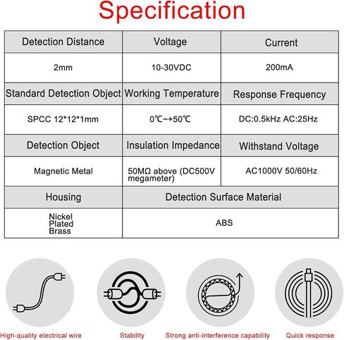 Heschen M8 مفتاح مستشعر القرب الحثي، LJ8A3-2-Z/BY-G، كاشف 2 مم، 10-30VDC 200mA، PNP مفتوح عادة (NO)، 3 أسلاك in Kuwait