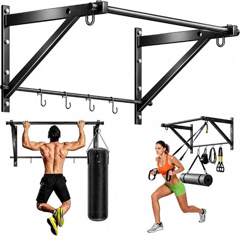 Adjustable Depth Pull Up Bar, Wall & Doorway Mounted Chin Up Bar with Hooks, Thickened Steel Construction, 500LBS Heavy Duty Capacity, Home Garage Upper Body Strength Training Equipment in Kuwait