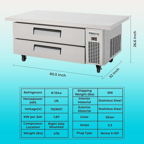 Frigos Premium FGP-CB-5260 قاعدة طهاة مبردة بدرجين مقاس 52 بوصة مع سطح فضي ممتد مقاس 60 بوصة - مثالية للمطبخ التجاري - ثلاجة قاعدة الطهاة متضمنة مع باب رفع in Kuwait