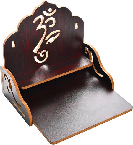 Wooden Home Temple with Om Symbol Cutout, Wall Mounted Pooja Mandir Shelf, Brown, MDF in Kuwait
