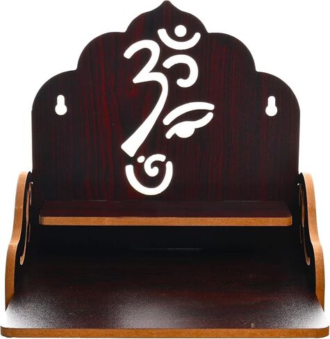 Wooden Home Temple with Om Symbol Cutout, Wall Mounted Pooja Mandir Shelf, Brown, MDF in Kuwait