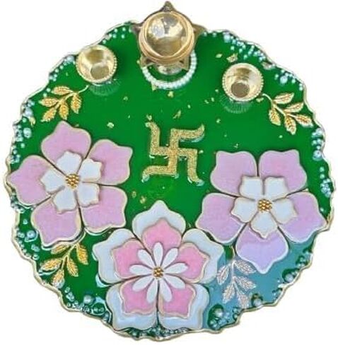 Decorative Handcrafted Resin Pooja Thali 10 Inch for Rakhi - Pink with White Flowers in Kuwait